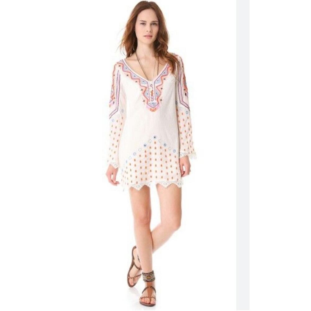 Free People White and Multicolor Embroidered Mini Dress